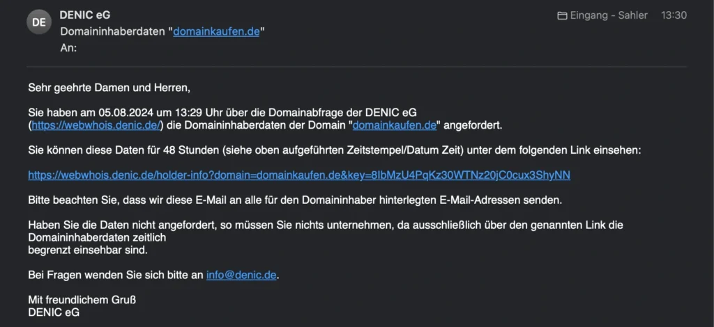 e-Mail von Denic mit dem Link zu den Kontaktdaten